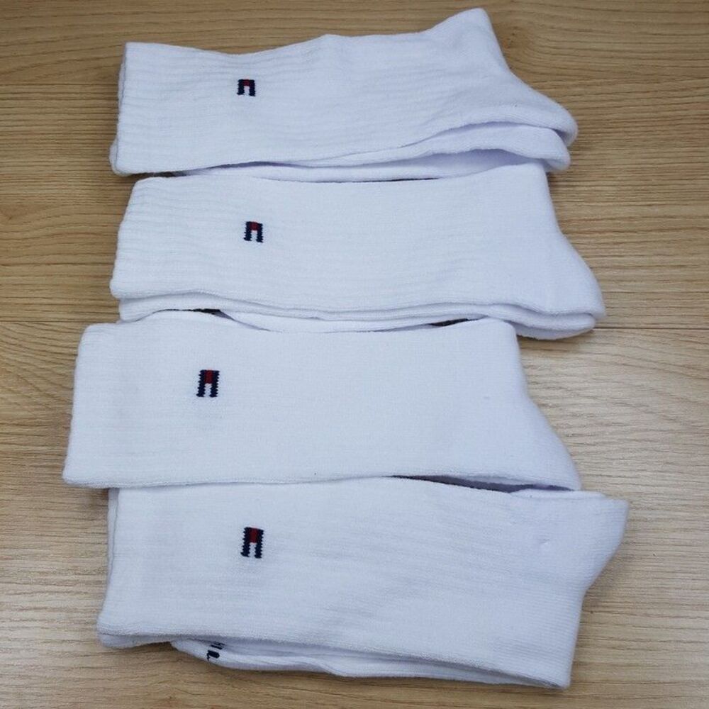 TOMMY HILFIGER Crew Socks Mens White 4-Pack Cushioned Flag Logo